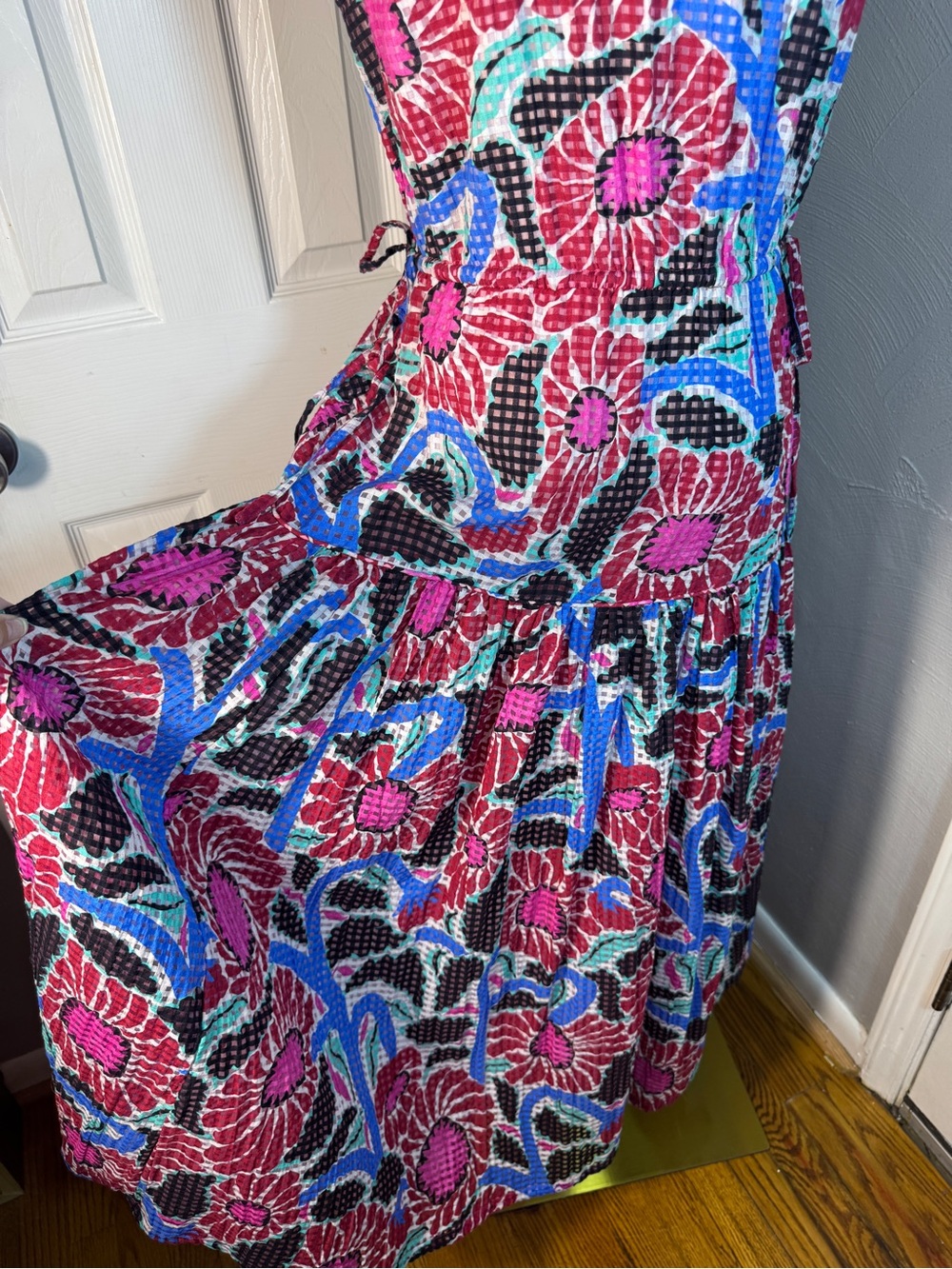 Oliphant Floral Dropped Waist Tiered Maxi Dress Side Tie Umbria Blue MSRP $428